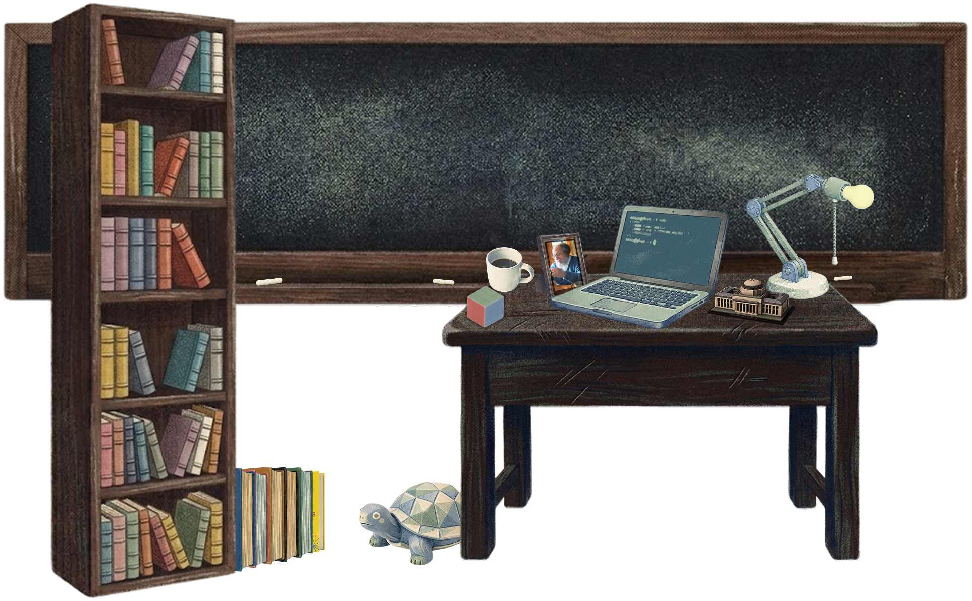 Papert Lab — chalkboard, desk, bookshelf, and turtle