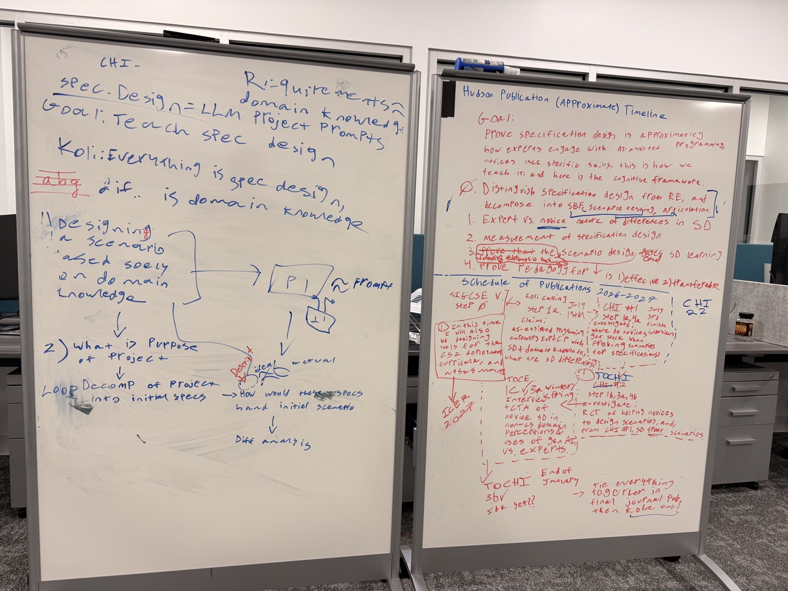 The lab — a desk between two whiteboards, Blacksburg, Virginia